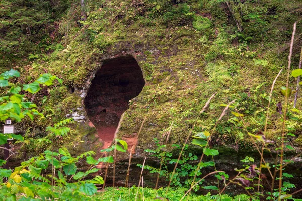 緑の森の暗い洞窟の入り口を持つ砂岩の崖 — ストック写真