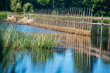 Tahta döşeme, yaya yolu. Gölde trambolin.