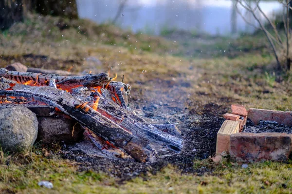 Otwarte dzienniki spalania ognia w polu z zieloną trawą — Zdjęcie stockowe