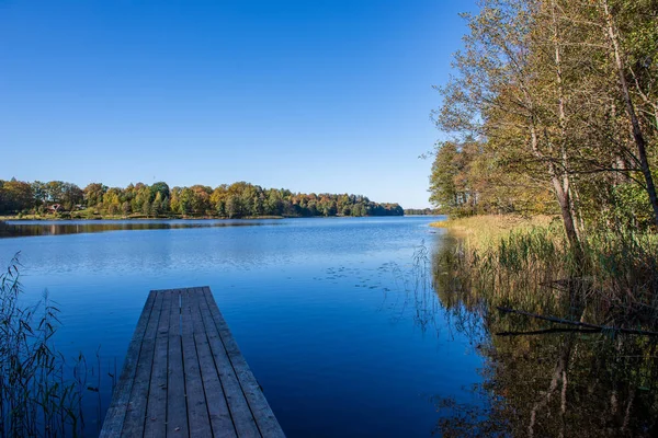 Wooden plank foothpath boardwalk trampoline in the lake — 스톡 사진