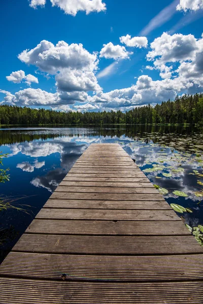 湖の木製の板の歩道橋トランポリン — ストック写真