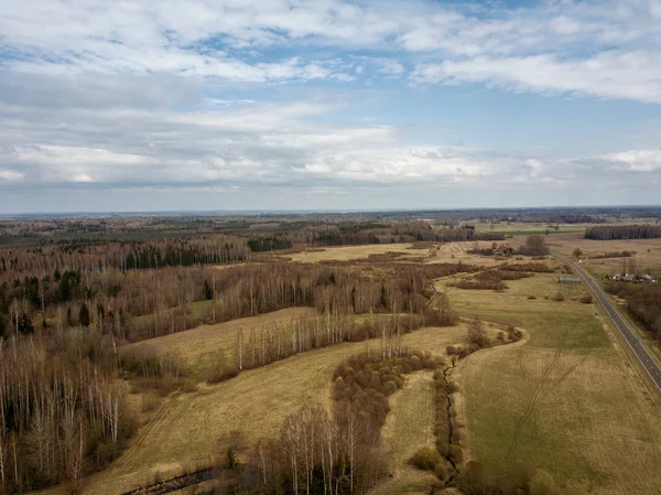 Воздушный вид на бескрайние зеленые леса с небольшим озером — стоковое фото