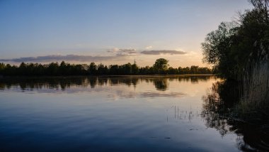 ağaç yaprakları ve dalları altında nehir tarafından güzel gün batımı. sakin su, bulutlar ve su yansımaları ile mavi gökyüzü. akşam yüzen ördekler