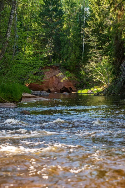 Natuurlijke zandstenen kliffen aan de oever van de rivier in het bos — Stockfoto