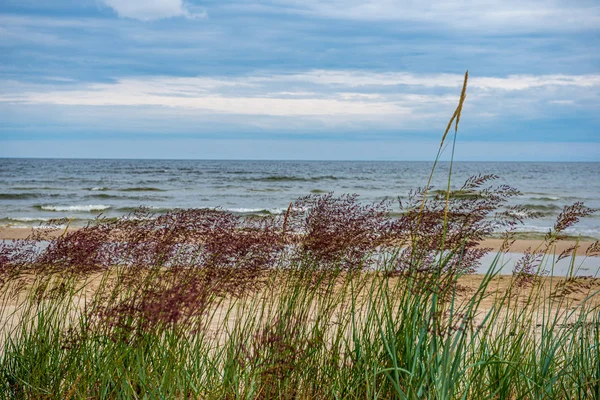 Порожній морський пляж влітку з хвилями і зламаними хмарами — стокове фото