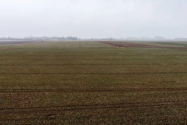 Cultivated fields in countryside with dark and wet soil for agri — Stock Photo, Image