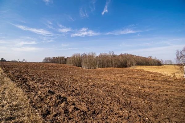 Ackerbau auf dem Land mit dunklem und feuchtem Boden für die Landwirtschaft — Stockfoto