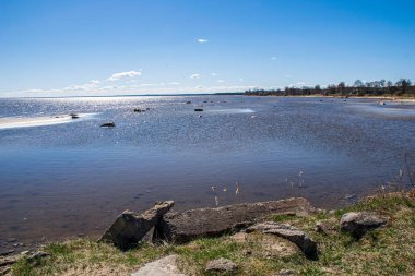 beyaz kum, büyük kayalar ve eski ahşap ile yalnız boş deniz Plajı