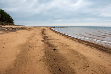 beyaz kum, büyük kayalar ve eski ahşap ile yalnız boş deniz Plajı