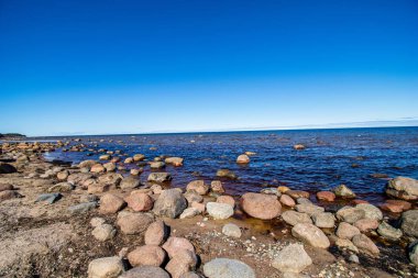beyaz kum, büyük kayalar ve eski ahşap ile yalnız boş deniz Plajı