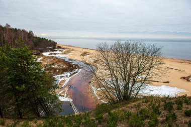beyaz kum, büyük kayalar ve eski ahşap ile yalnız boş deniz Plajı