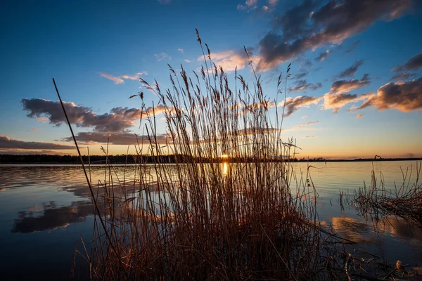 Calmo rio lago rural com reflexos de nuvens na água e — Fotografia de Stock