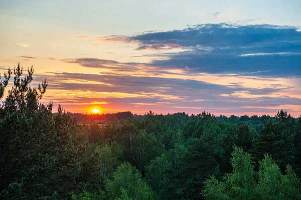 Dramatische Rode zonsondergang kleuren in de hemel boven bomen en velden — Stockfoto