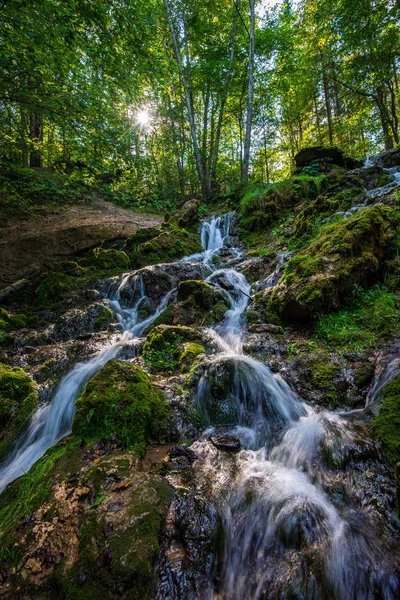 Kayalar üzerinde şelale ile orman dağ Nehri — Stok fotoğraf