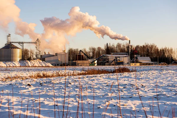 industrial smoke from large chimneys in winter