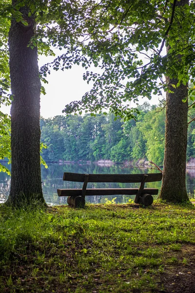 Piękny wieczór nad jeziorem z słońcem na drzewach — Zdjęcie stockowe