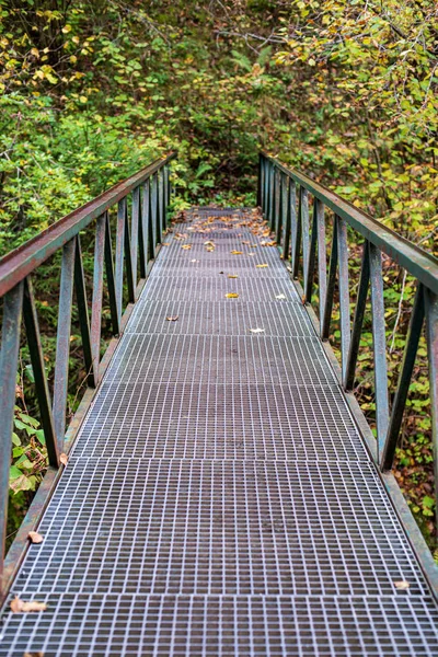 가을 숲에서 강을 따라 오래 된 금속 다리 — 스톡 사진