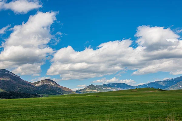 Mavi gökyüzü ve dramatik beyaz bulutlar altında kırsal alan