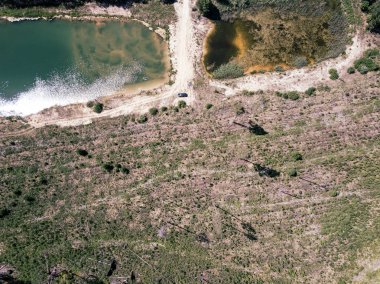 orman alanında yeşil gölün havadan drone görünümü