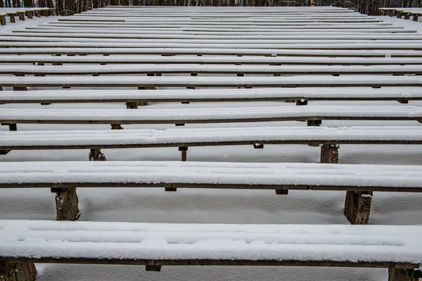 snow covered benches in park in winter
