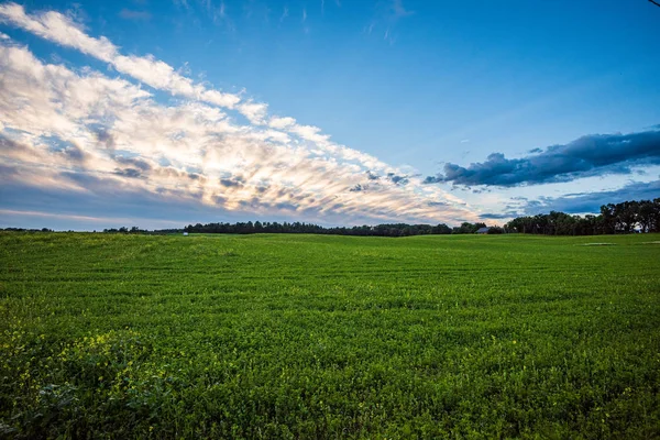 Ciel bleu avec nuages blancs au-dessus du paysage rural — Photo