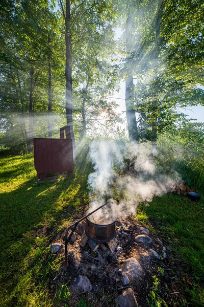 Pile of fireplace log wood in open air — Stock Photo, Image