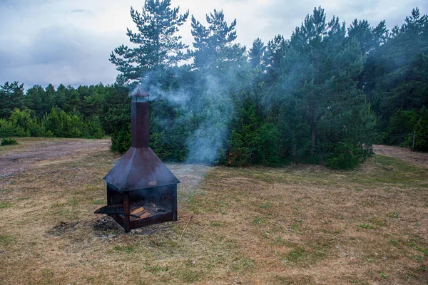 Stapel open haard hout in open lucht — Stockfoto