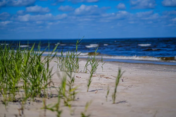 Praia do mar com céu blu e ondas — Fotografia de Stock