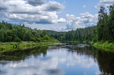 bulut yansımaları ile Letonya Gauja nehrine açık görünümü