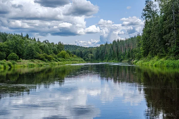 Bulut yansımaları ile Letonya Gauja nehrine açık görünümü — Stok fotoğraf