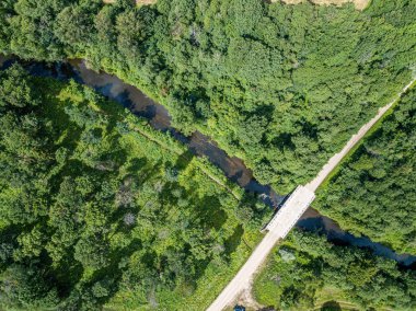 ormanda küçük nehir serpantin havadan drone görünümü