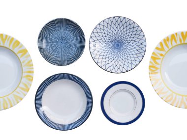 Porselen seramik tabak, yuvarlak tabak ve beyaz arka planda izole edilmiş kap çanak çömlek seti..