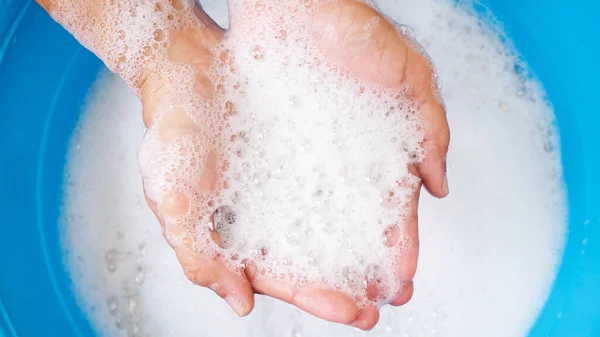 Dessus Des Bulles Détergent Main Sur Lavabo Bleu Pour Laver — Photo