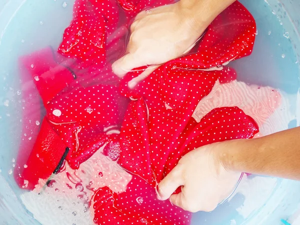 Asian Thai Woman Use Hands Washing Soak Red Polo Shirt — Stock Photo, Image