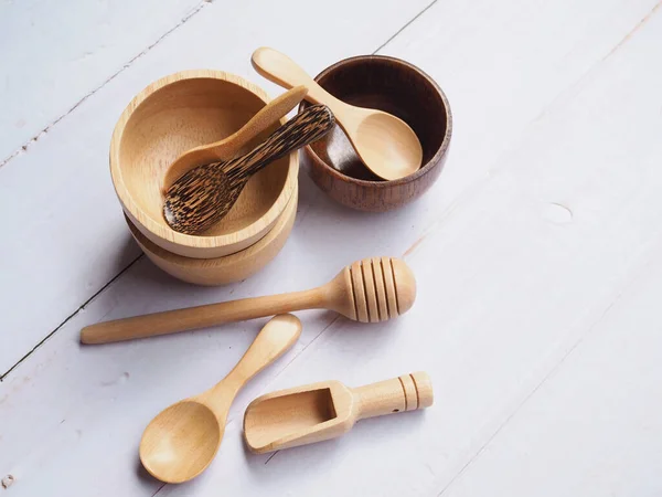 Top View Utensil Wood Handicraft Dessert Tableware Set Wooden Spoon — Stock Photo, Image