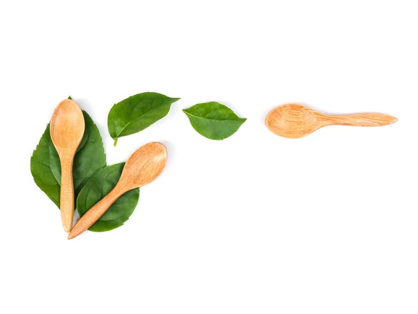 Green Leaf Wooden Spoon Isolated White Background — Stock Photo, Image