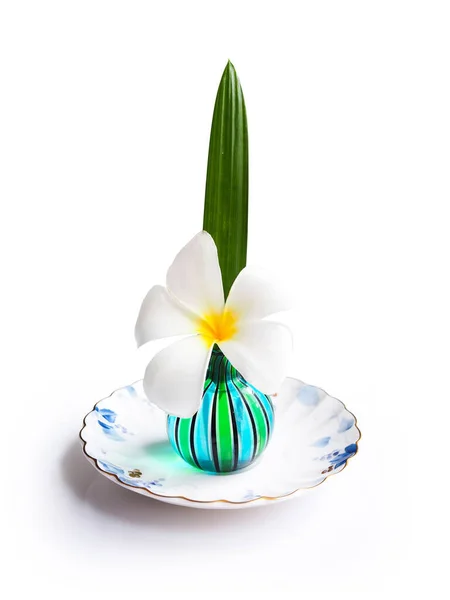 Set Oggetti Decorativi Con Bellissimo Fiore Plumeria Vaso Vetro Verde — Foto Stock