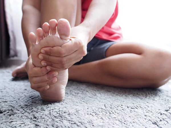 Acute Foot Pain Thai Asian Women Using Hand Massage Feet — Stock Photo, Image