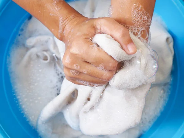 Fabric Washing Hand Clean Dirty Clothes Laundry Bubbles Detergent Water — Stock Photo, Image