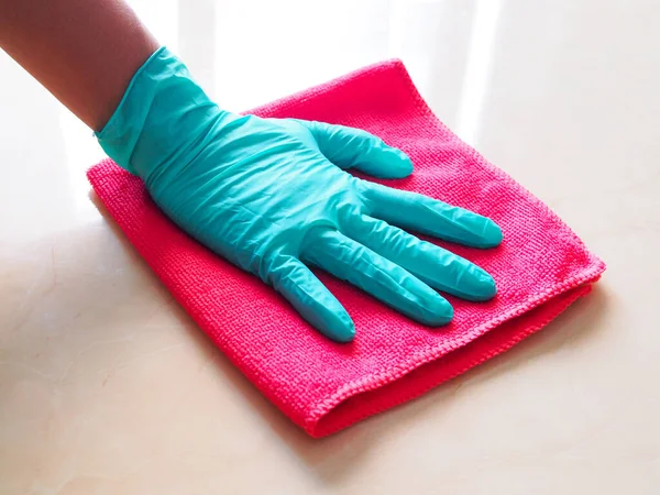 Cleaning House Hand Wearing Rubber Gloves Wiping Dust Red Cloth — Stock Photo, Image