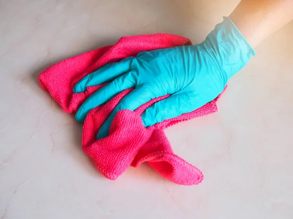 Cleaning House Hand Wearing Rubber Gloves Wiping Dust Red Cloth — Stock Photo, Image