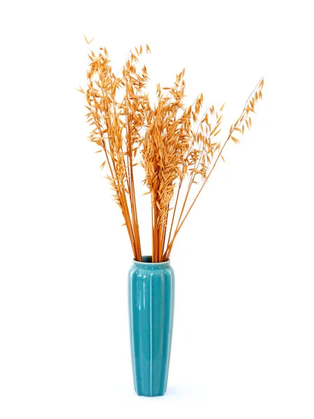Tall Blue Vase Dried Wheat Flower Isolated White Background — Stock Photo, Image