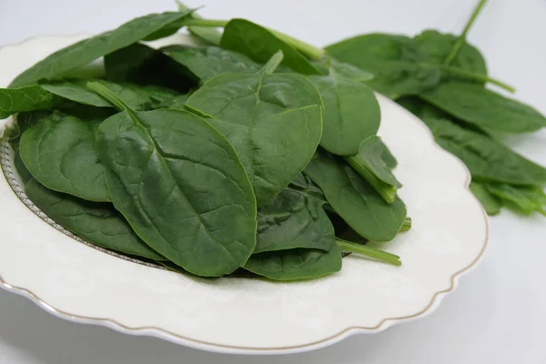 Fresh Spinach Leaves Plate Juicy Spinach Leaves Spinach Green Fresh — Stock Photo, Image