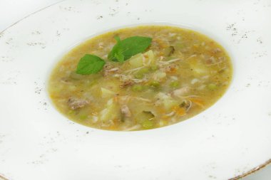 Çeşitli sebzelerle ev yapımı tavuk çorbası. Yakın çekim.