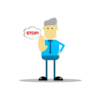 Bir iş adamının çizgi film karakteri çizimi, dur komutu veren bir ifade, iş bilgisi ve ofis işleri için mükemmel