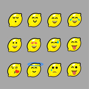 Limon karakteri emoji etiketi. Çıkartmalar, sohbetler, vektör illüstrasyonları için şirin limon ifadeleri