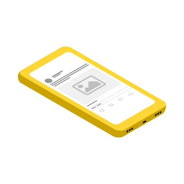 Sosyal medya uygulaması açan ya da izometrik tarzda sosyal medyada paylaşan akıllı bir telefonun Isometric çizimi. izometrik düz tasarım vektör çizimi