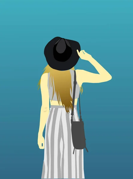 Geriye bakan bir kadın resmi. Çizgili şapka ve etek giyen bir kadının resmi geri çevriliyor. duvar boyama vektörü illüstrasyonu