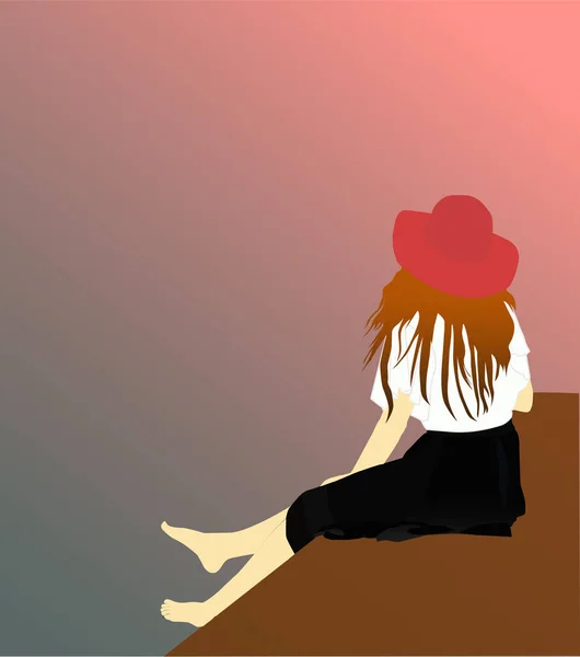 Yalnız oturan bir kadının tablosu. Siyah şapkalı ve etekli bir kadın tasviri yalnız oturuyor. duvar boyama vektörü illüstrasyonu