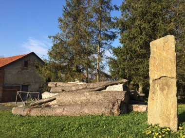 Küçük bir köyün avlusunda yüksek bir taşla tahta kirişler.